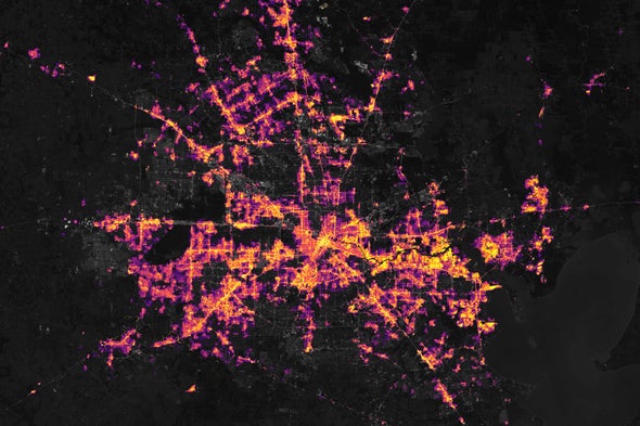 Image from a NASA satellite showing partial blackouts across portions of Houston during the February 2021 snowstorm. Credit: NASA
